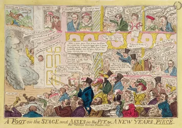 Láb a színpadon és szamarak a gödörben, avagy Újévi darab a Covent Garden Theatre számára, 1825, kocsma. J. Fairburn, 1825. január 9. (színes rézkarc)